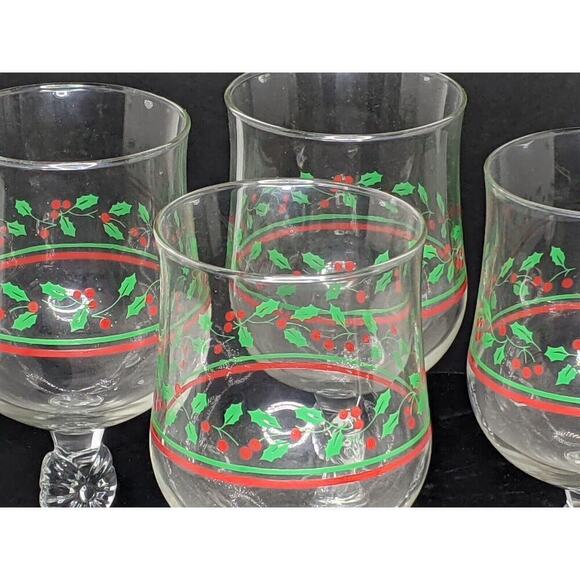 Arby's Holly Berry Bow Stem Wine Glasses Christmas Vintage 1980's Set of 4 - Picture 2 of 4